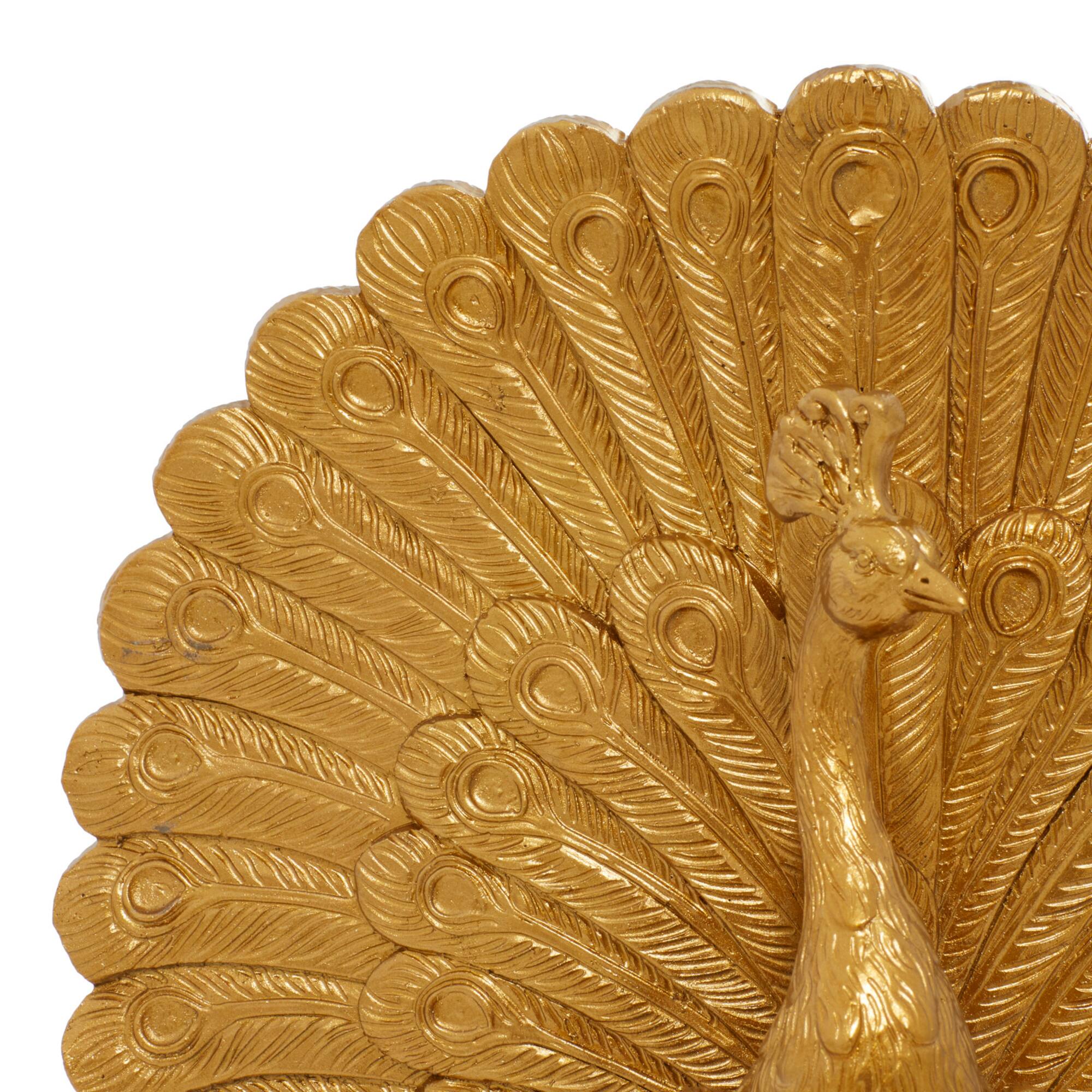 Gold Polystone Glam Peacock Sculpture, 12" x 12" x 5"